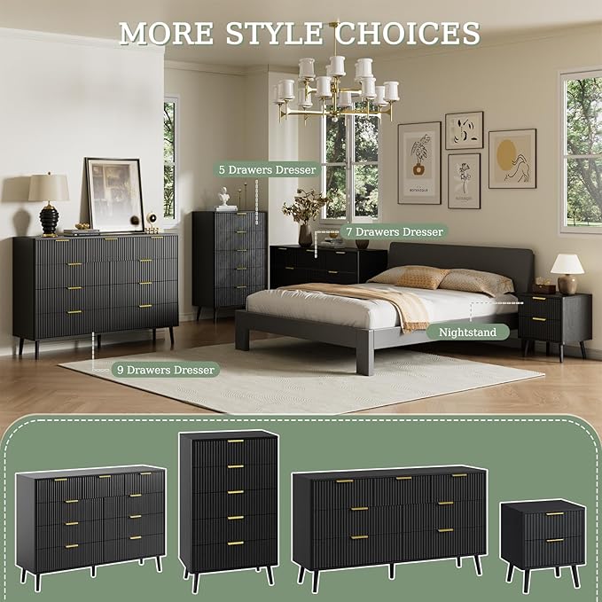 LYNSOM Fluted 5 Drawers Dresser, 45" Tall Modern Chest of Drawers with Curved Profile Design and Metal Handle, Wood Drawer Organizer for Bedroom, Living Room, Hallway, Entryway, Black