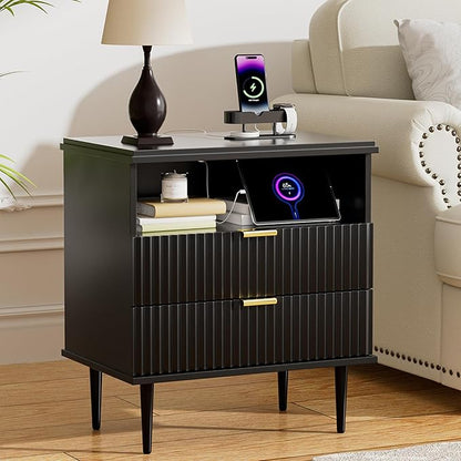 Modern Nightstand with Charging Station, 2-Drawer Fluted Wood Bedside Table with USB, Type-C & AC outlets, Open Storage. Perfect for Your Bedroom (Black, 23.3")