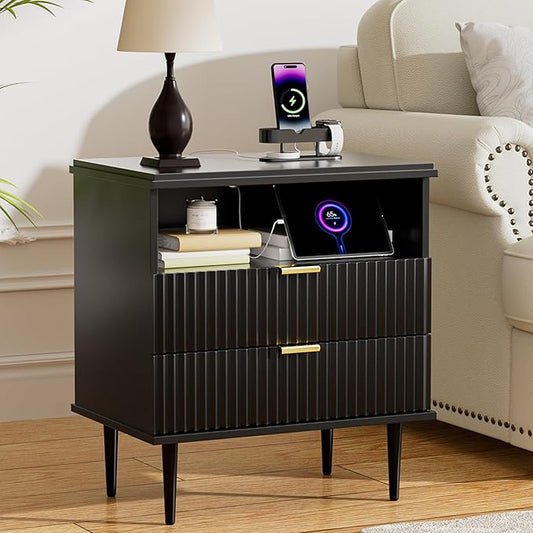 Modern Nightstand with Charging Station, 2-Drawer Fluted Wood Bedside Table with USB, Type-C & AC outlets, Open Storage. Perfect for Your Bedroom (Black, 23.3")