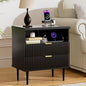 Modern Nightstand with Charging Station, 2-Drawer Fluted Wood Bedside Table with USB, Type-C & AC outlets, Open Storage. Perfect for Your Bedroom (Black, 23.3")