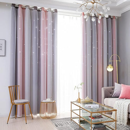 Star Blackout Curtains - Bedroom Cute Kids Rainbow, 63 Inch Long 2 Panels, Pink & Grey, 42 X 63 Inches