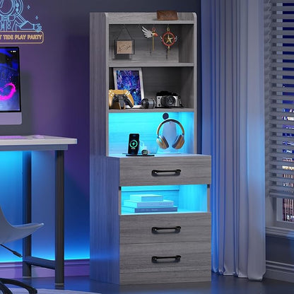 VIAGDO Tall Nightstand with Charging Station and LED Lights, Large Grey Night Stand with Bookshelf, Modern LED Bedside Table with 3 Drawers and Storage Shelves, End Side Table for Bedrooms, Dorms