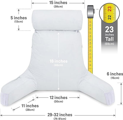 Husband Pillow Medium White, Backrest for Kids, Teens, Petite Adults - Reading Pillows with Arms, Adjustable Loft, Plush Memory Foam, Bed Rest Chair for Sitting Up, Detach Neck Roll, Removable Cover