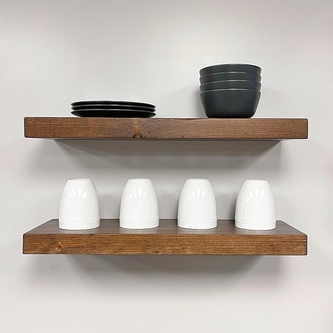 URBANDI, Rustic Floating Shelves, Set of 2, Hidden Bracket, Solid Wood, Heavy Duty, Wall Mounted Shelves, (Provincial, 12Wx6D)