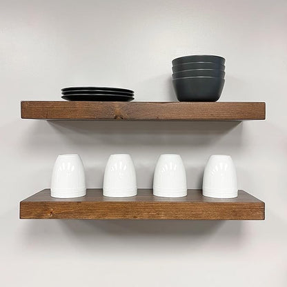 URBANDI, Rustic Floating Shelves, Set of 2, Hidden Bracket, Solid Wood, Heavy Duty, Wall Mounted Shelves, (Provincial, 12Wx8D)