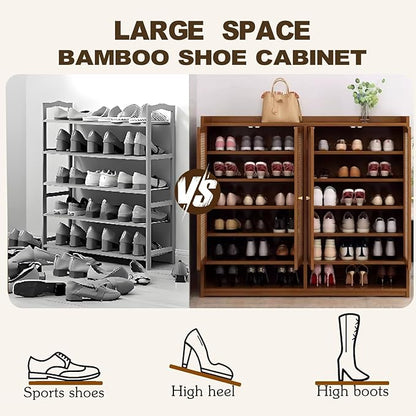 Bamboo Shoe Cabinet, 36-40 Pairs 8 Tier Shoe Rack with Doors, Freestangding Shoe Cabinet Organizer with Shelves, 43" Tall Shoe Rack Organizer for Entryway, Closet, Hallway