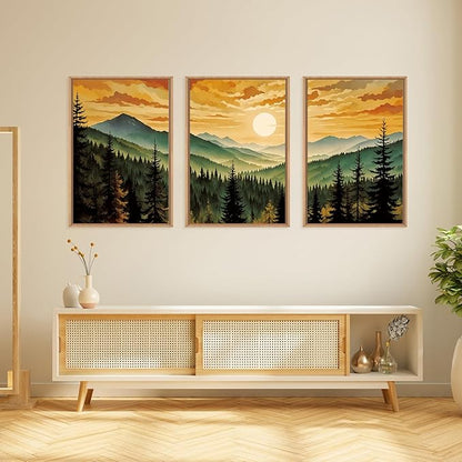 LHIUEM Large Boho Sunset Mountain Framed Canvas Wall Art,Retro Pine Tree Wall Decor,Nature Foggy Forest Wall Painting,Bohemian Landscape Artwork for Living Room,Bedroom,Dining Room,Office -16"x24"x3