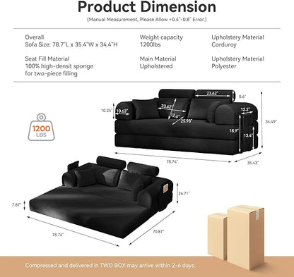 Upgrade High Backrest Design Sofa Bed with Fixed-Shape Frame & Removable Armrests and Backrest, Corduroy Fabric, Convertible Mattress Couch for Small Spaces - No Assembly Needed (High Backrest Black)