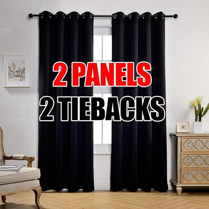 MIUCO 1 Pair Thermal Insulated Grommet 52-Inch-by-95-Inch Blackout Window Curtain Panels with 2 Tie Backs, Black
