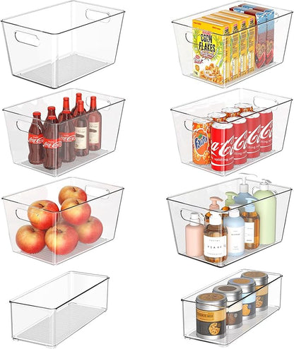 Set of 8 Clear Plastic Storage Bins, 6 Large +2 Small Pantry Organizers and Storage Containers for Kitchen Organization, Home Storage Essentials for Office, Closet, Garage, Freezer& Bathroom