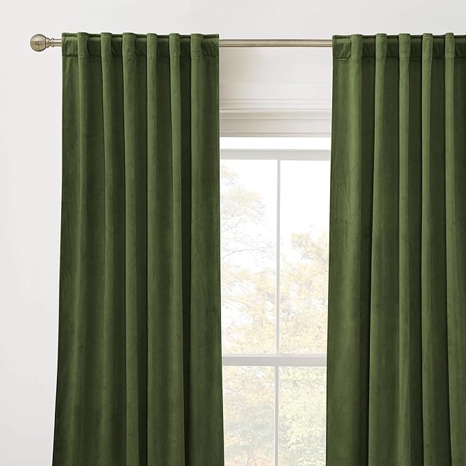 RYB HOME Back Tab Velvet Curtains, Thermal Insulated Privacy Protect Decorative Drapes for Living Room Home Theater, Olive Green, W 52 x L 120 inches, 2 Panels Set