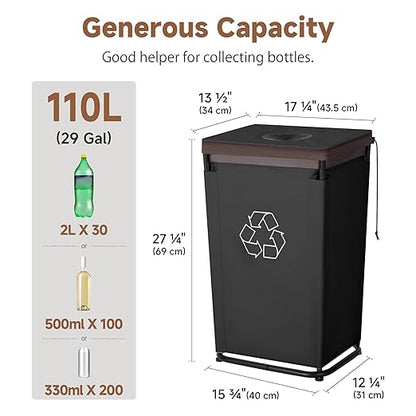 StorageWorks Recycling Bin with Lid, 29Gal Large Recycling Bin for Kitchen, Indoor Recycling Bins with 2 Reusable Washable Bags for Bottles and Cans, Steel Frame Fabric Sorter, 110L, Black