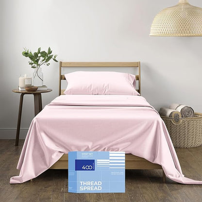 THREAD SPREAD Twin XL Sheet Sets Cotton - 400 Thread Count 100% Cotton XL Twin Sheets, 3 PC (Blush), Luxury Soft, Breathable, Cooling, Extra Large 16" Deep Pocket Sateen Bedsheet for Dorm Rooms