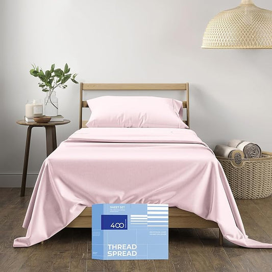 THREAD SPREAD 400 Thread Count Twin Cotton Sheets - 3 PC Twin Size Bed Sheet Set Cotton (Blush), Soft, Cooling, Sateen Weave Hotel-Quality 16" Deep Pocket Bedsheet for Hot Sleepers (Fits 18" Mattress)