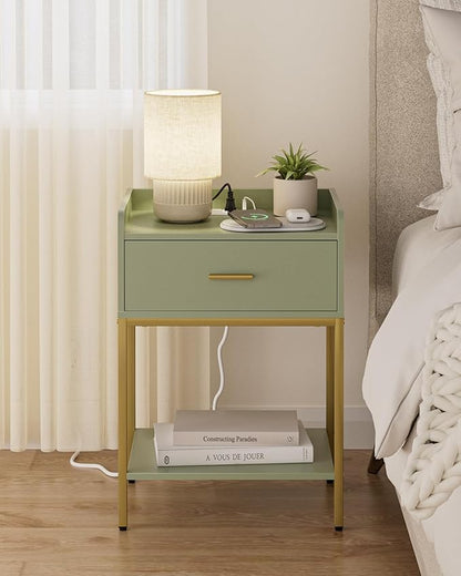 Masupu Nightstand with Charging Station,3-Tier Modern Bedside Night Stand with Storage Drawer and Shelf,Small End Side Table for Bedroom,Living Room,Gold and Green