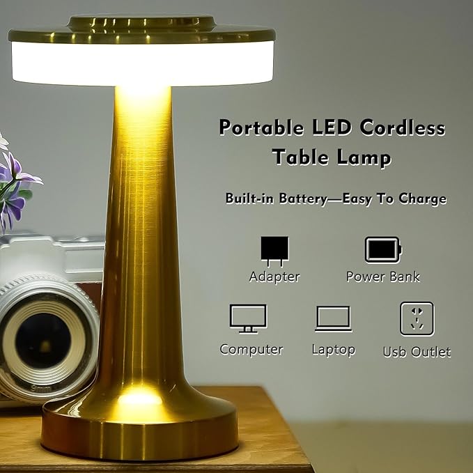 VIHOSE Cordless Table Lamps LED Portable Rechargeable Table Lamp with Touch Sensor 3 Color Dimming up to 15 Hours Battery Desk Light for Restaurant Nursery Living Room(Gold,36 Pcs)