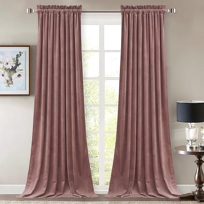 StangH Wide Rose Velvet Curtains - 96 inches Long Heavy Thick Window Drapes for Living Room, Room Darkening Thermal Insulated Home Decoration for Sliding Glass Door, W52 x L96, 2 Panels