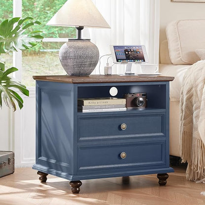 24" Wide Farmhouse Nightstand Set of 2 with Charging Station,End Table with 2 Drawers,Blue Wood Dresser for Bedroom Cabinet, Bed Side Table Chest of Drawers, Night Stand for Living Room, Closet