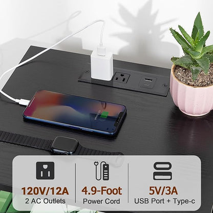 AMHANCIBLE Night Stand Set 2, LED Nightstand with Charging Station, End Tables Living Room with Fabric Drawers, Bed Side Table for Bedroom, Black, HET052LBK