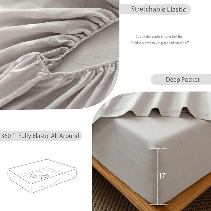 MooMee Fitted Bottom Sheet Only 100% Washed Cotton Linen Like Textured Breathable Durable Soft Comfy Deep Pocket Fits Mattress up to 17" (Natural Linen, Queen)