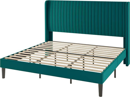 Allewie King Size Bed Frame/Velvet Upholstered Platform Bed/Vertical Channel Tufted Wingback Headboard/Strong Wooden Slats/No Box Spring Needed/Easy Assembly/Teal