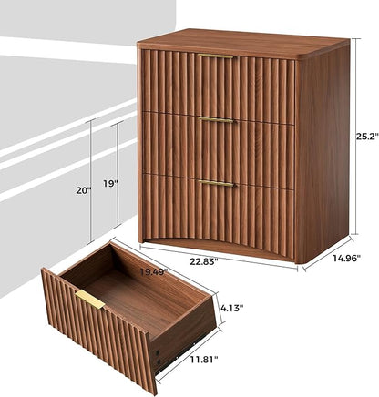 Evermagin Fluted Nightstand, Walnut Bedside Table with 3 Drawers, Wood End Table with Storage Mid Century Modern, Large Night Stand for Bedroom