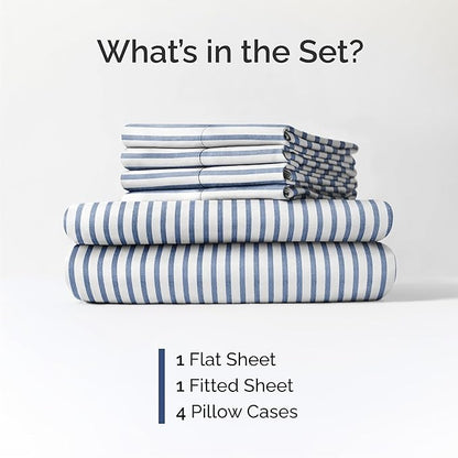 Queen 6 Piece Sheet Set - Cooling, Comfy & Breathable - Hotel Luxury Bedding, Includes Fitted Sheet for Women, Men, Kids & Teens - 1 Flat, 1 Fitted Sheet, 4 Pillowcases w/Deep Pockets - Blue Stripes