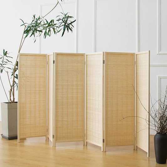 6 Panel Short Room Divider Screen,Beige Freestanding Partition,Small Bamboo Panel Divider for Room Seperation,3.95 FT Tall
