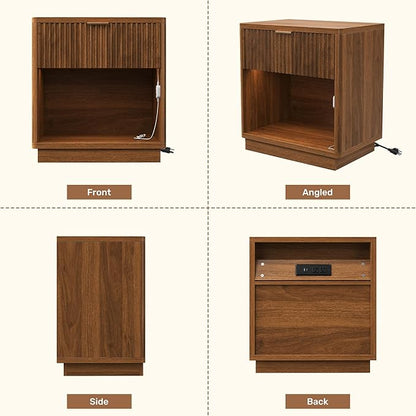 Miereirl Fluted Nightstand with Charging Station, Wood Mid Century Modern Night Stands Storage Cabinet for Bedside Table with Metal Handle Drawers, Walnut Oak