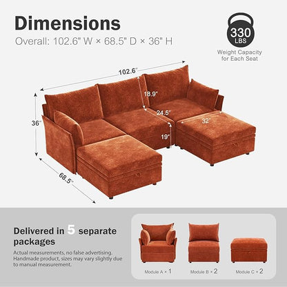 ABCASA 102.6" U Shaped Modular Sectional Sofa, 5 Seater Couch with Storage Ottoman Deep Seat and High Backrest with Removable Cover for Living Room, Apartment - Chenille Terracotta Orange