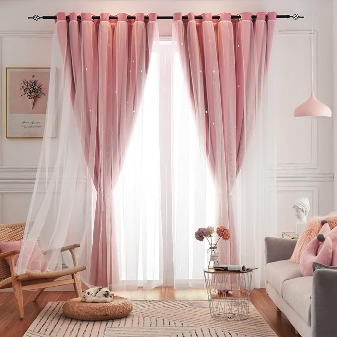 Star Double Layer Blackout Curtains for Bedroom & Kids, Cute, 72 Inches Long, 2 Panels Set, Pink, 42 X 72 Inches