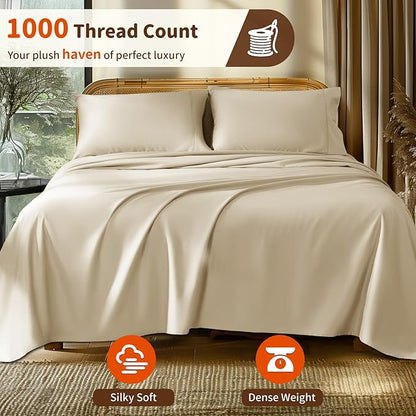 LBRO2M 1000 Thread Count 100% Egyptian Cotton Sheets Set Twin XL, 3 Piece Sets Bed Sheet Deep Pocket Sheet Set 16" Soft Comfortable All Season (Twin XL, Linen)
