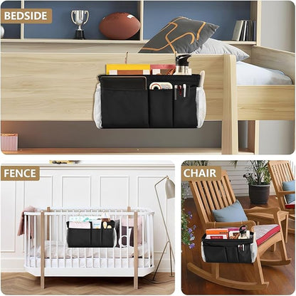 KOPIRIT Black Bedside Caddy Storage Bag Bedside Organizer for Bed Rails College Dorm Room Organizer Caddy Hanging Shelf 6 Pockets with Hooks for Drinks Magazine Phone Holder