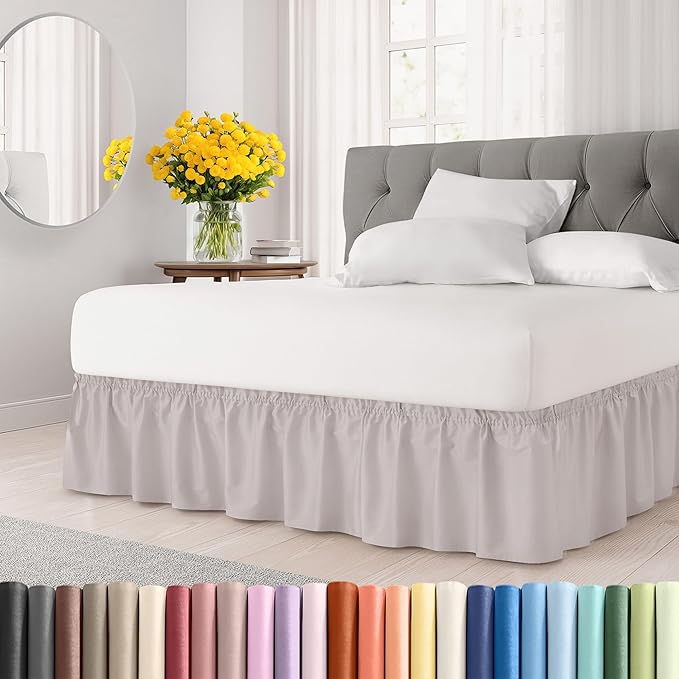 Wrap Around Dust Ruffle Bed Skirt - Light Grey - for King Size Beds with 21 Inch Drop - Elastic Strap - Adjustable Pleated Bedskirt with Brushed Fabric and Wrinkle Free - for Women, Men, Kids & Teens