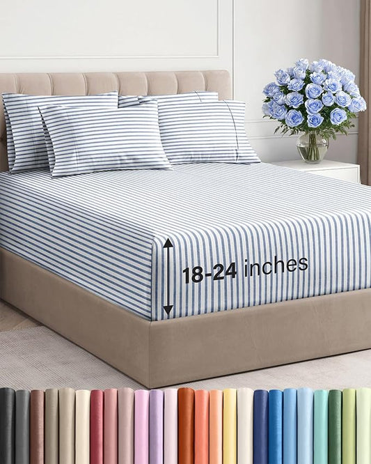 Extra Deep Full Sheet Set - 6 Piece Breathable and Cooling Sheets - Hotel Luxury Bed Sheets Set - Easy Fit - Soft, Wrinkle Free and Comfy Sheets Set - Blue Striped Sheet Set with Extra Deep Pockets
