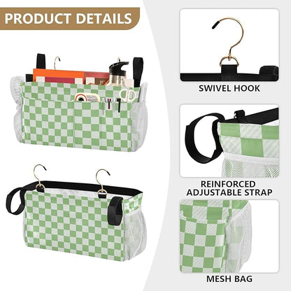 Bedside Caddy Hanging Bunk Bed Caddy Bed Organizer Hanging Pocket with 2 Hooks Bedside Storage Organizer Pocket Bag Holder Checkered Light Green