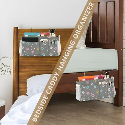 Bedside Caddy Hanging Bunk Bed Caddy Bed Organizer Hanging Pocket with 2 Hooks Bedside Storage Organizer Pocket Bag Holder Paw Print Dots Stars Grey