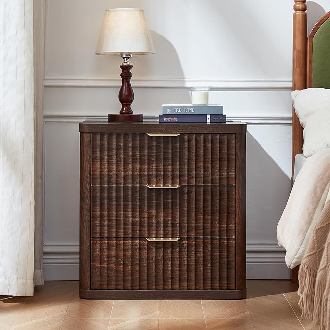 LEYAOYAO Fluted Farmhouse Nightstand Set of 2 with Charging Station, 23" Wide 3 Drawers Night Stand,Walnut Dresser for Bedroom,Bed Side Table Chest of Drawers,Wood End Table for Living Room