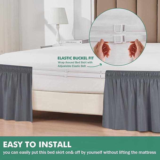 Biscaynebay Wrap Around Bed Skirts with Split Corners for Queen Beds 18" Drop, Dark Grey Adjustable Elastic Dust Ruffles Easy Fit Wrinkle Resistant Silky Luxurious Fabric Machine Washable
