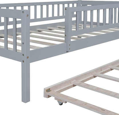 Bellemave Twin Kids Bed Frames with Rails for Kids, Twin daybed with Trundle for Boys/Girls/Adults，Gray