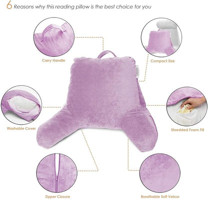 Nestl Reading Pillow with Shredded Memory Foam, Designed for Sitting Up in Bed and Couch, Back and Arms Adjustable Support for Adult & Teens Backrest Pillows for Reading, with Washable Cover Lavender