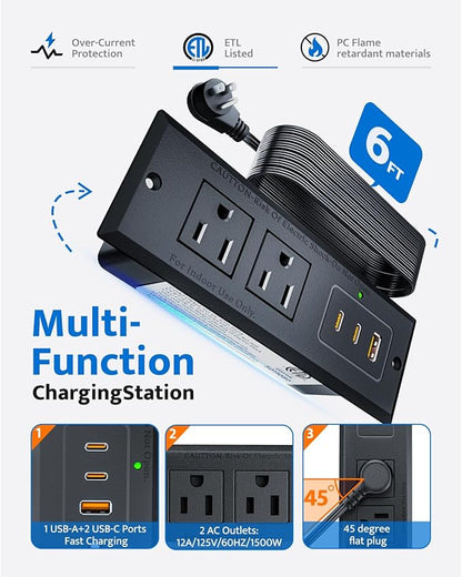 Recessed Power Strip with 20W USB C Port, Fast Charging USB A Port Conference Recessed Outlet, Space-Saver for Furniture Side Table, End Table, Desk Outlet with 6ft Cord, 45° Thin Flat Plug, Black