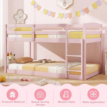 KOMFOTT Low Bunk Bed Twin Over Twin, Solid Wood Twin Bed Frame with Built-in Ladder & Safety Guardrails, Space-Saving Low Bunk Bed for Kids, Teens, No Box Spring Needed