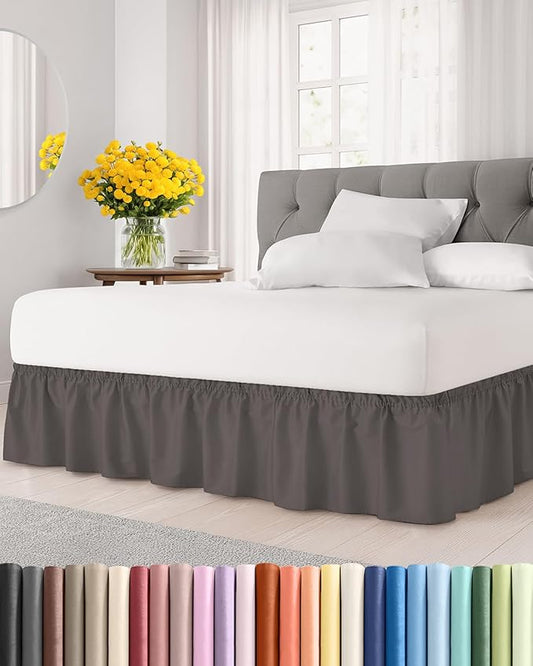 Wrap Around Dust Ruffle Bed Skirt - Dark Grey - for Full Size Beds w/ 16 Inch Drop - Easy Fit Elastic Strap - Adjustable Pleated Bedskirt with Brushed Fabric, Wrinkle Free Women, Men, Kids and Teens