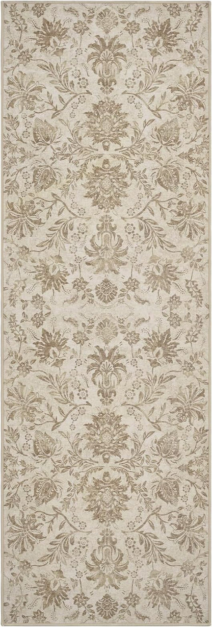 jinchan Torino Runner Rugs 3x8, Vintage-Inspired Floral Neutral Design Machine Washable Non-Slip Ultra-Thin Low-Pile Rubber Backing Traditional Rug for Kitchen Hallway Laundry Room Entryway Taupe