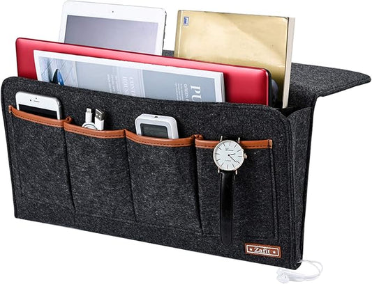 Bedside Caddy, 7 Pockets Large Size Bedside Organizer Caddy for Magazine Remotes Phone (17.3'' x 18.1'', Dark Grey)