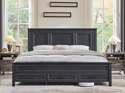 ACCOHOHO Farmhouse King Size Bed Frame with 52" Tall Headboard, Wood Platform Bedframe with Footboard and Storage Drawers, No Squeak, No Box Spring Needed, Black