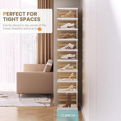 Shoe Rack Organizer for Closet Entryway Foldable Sneaker Storage Shoe, Collapsible Shoe Cabinet, Stackable Shoe Storage Cabinet with Lids for Living Room (9 Tiers -18 Pairs Transparent)