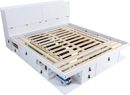 memomad Bali Set: Storage Platform Bed with Drawers + Bookcase Headboard (King Size, White Wood)