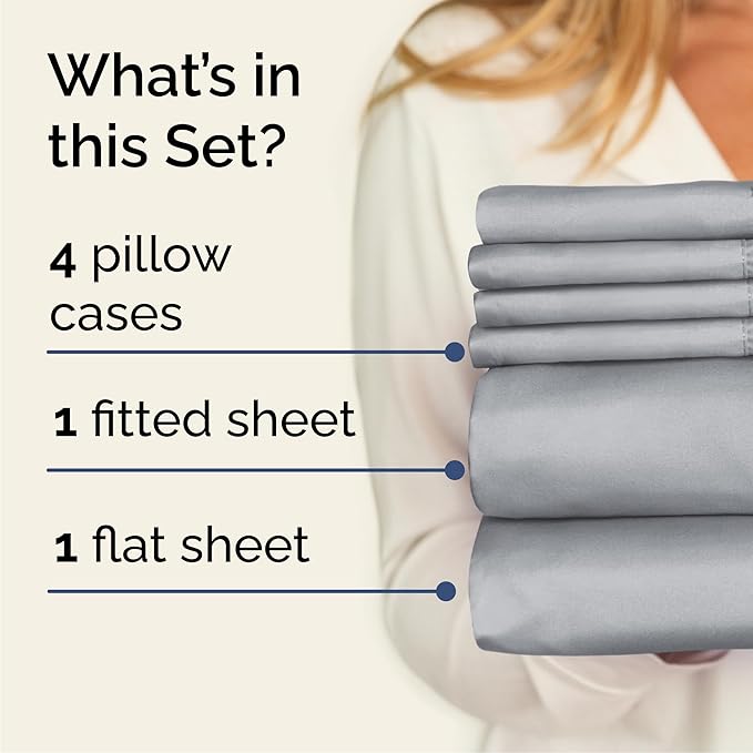 Queen 6 Piece Sheet Set - Cooling, Comfy & Breathable - Hotel Luxury Bedding, Includes Fitted Sheet for Women, Men, Kids & Teens - 1 Flat, 1 Fitted Sheet, 4 Pillowcases with Deep Pockets - Steel Blue